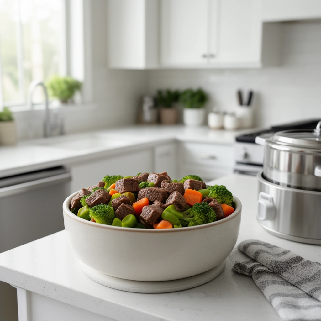 Easy Crockpot Dog Food Recipe Beef Veggies in action